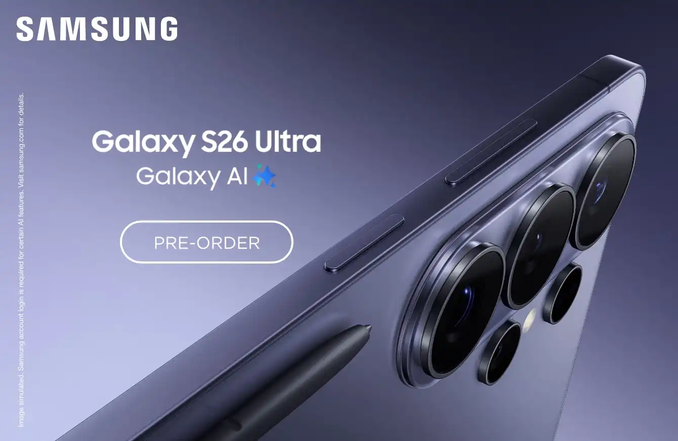 A silver Galaxy S26 on a blue background next to the words "Galaxy AI" in white and "Preorder now".